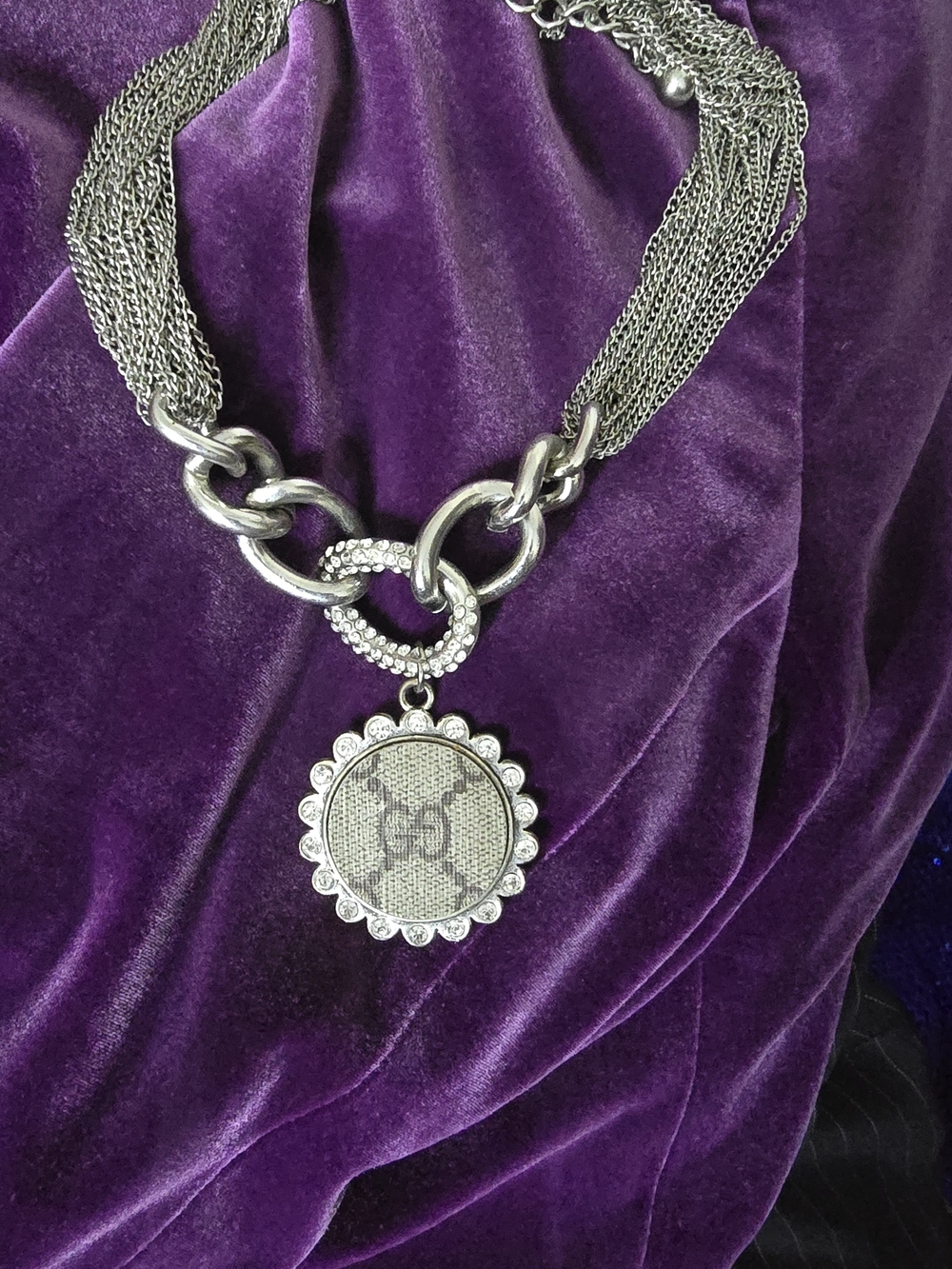 Silver-Tone Multi-Strand Chain Necklace with Crystal-Trim Pendant
